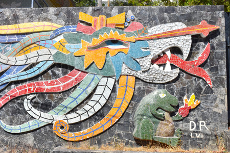 Partial photograph of the mural of the feathered serpent in Acapulco