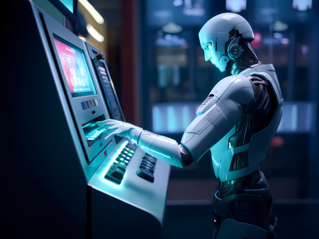 A sleek robot operates an advanced ATM, showcasing a futuristic banking scenarioの素材