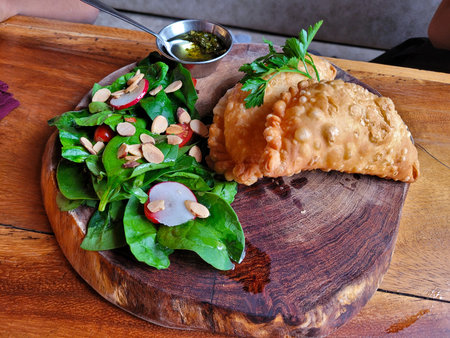 Crispy empanada paired with a spinach and almond salad, served on a rustic wooden board