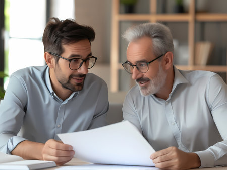 AI-generated photo of a senior man and young adult reviewing paperwork together, portraying family business planningの素材