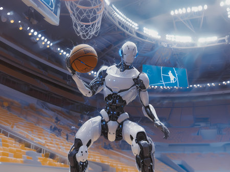 AI-Generated Image depicting a futuristic robot displaying basketball skills on a court, symbolizing the intersection of sportsの素材