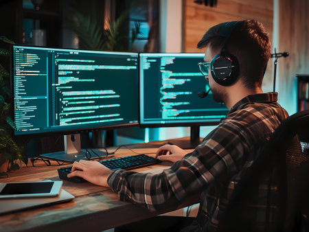 AI-generated image of a software developer immersed in programming with ambient lightingの素材
