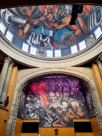 Guadalajara, Mexico - September 30 2023: Vivid mural of Jose Clemente Orozco, displayed in a museum