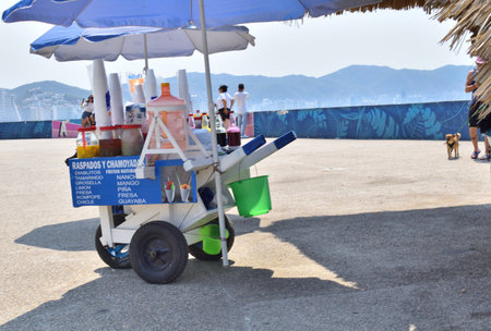 Acapulco, Mexico - April 27 2024: Traveling stall of Raspados, a dessert made of crushed ice of various flavorsのeditorial素材