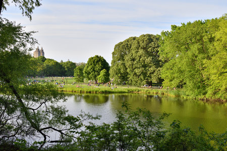 NY central park with a lake and a large building in the background, USAの写真素材