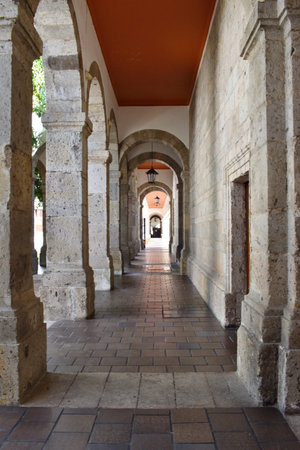 Guadalajara, Mexico - February 4 2024: Vertical view of Corridor inside the Cabanas cultural center...