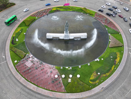 Overhead shot capturing the iconic Minerva Roundabout with its majestic fountain in Guadalajara, surrounded by vibrant greeneryのeditorial素材