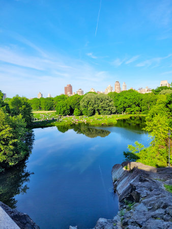 Scenic View of Central Park Lake with Manhattan Skyline on a Sunny Day