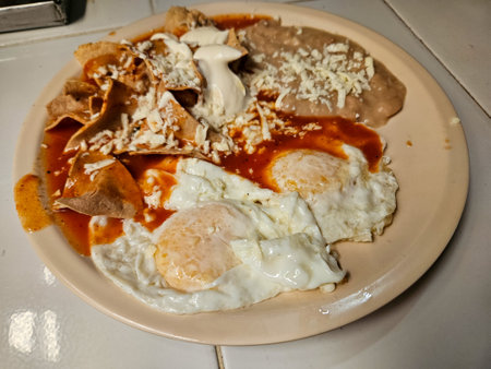 Plate of red chilaquiles accompanied with fried eggs and beans, Mexicoの写真素材