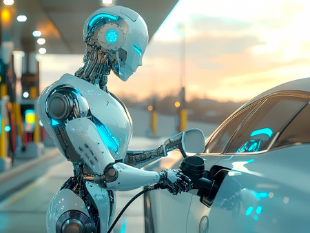AI-Generated image of A robot is charging a car. The robot is white and blueの写真素材