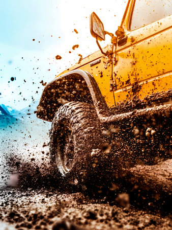 AI-Generated image of A yellow truck with mud on it. The mud is covering the tires and the ground. The truck is driving through a muddy areaの素材