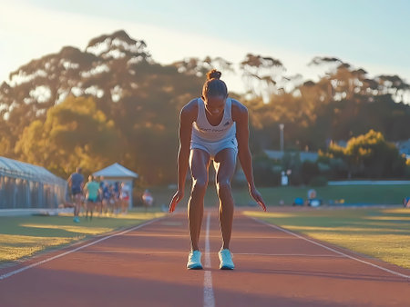 AI-Generated image of A woman is running on a track. She is wearing a white shirt and white shorts. She is crouching down and preparing to runの素材
