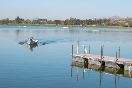 Cajijitlan, Mexico - February 3 2025: A fisherman rows a small boat on the calm waters of Lake Cajititlan, Jalisco, near a wooden dock with birdsの写真素材