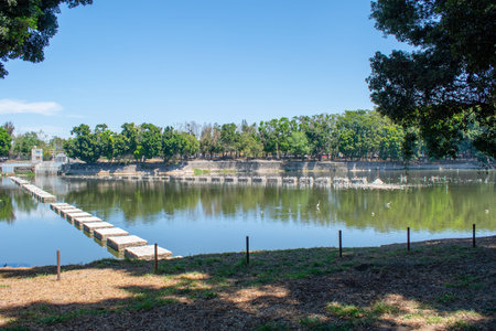 Peaceful lake surrounded by trees and stone pathway at Parque Independencia El Dean on a clear sunny dayの写真素材