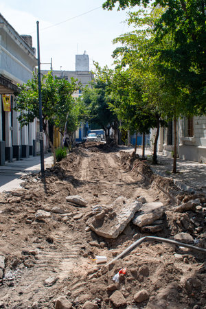 Guadalajara, Mexico - November 8 2025: A view of a street in downtown Guadalajara, Mexico, undergoing significant construction work. The road is excavatedのeditorial素材