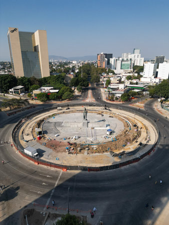 Guadalajara, Mexico - November 23 2025: Drone shot of Minerva Roundabout in Guadalajara, undergoing renovation. Construction, barriers, and materials visibleのeditorial素材