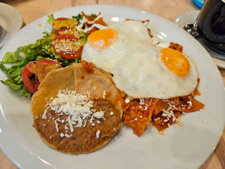 A vibrant and appetizing plate of traditional Mexican Chilaquiles. Features crispy tortilla chips in red sauce, two fried eggs, refried beans, and a fresh saladの写真素材