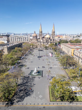 Elevated vertical aerial perspective of Plaza Tapatia with Guadalajara Cathedral in the background on a sunny day in Jalisco Mexicoの写真素材
