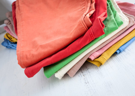 Colorful pants in white wooden tableの写真素材