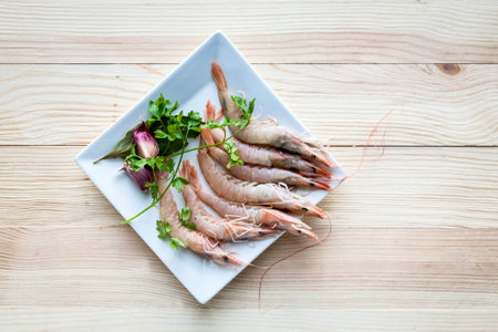 Spanish Prawn white on wooden boardの写真素材