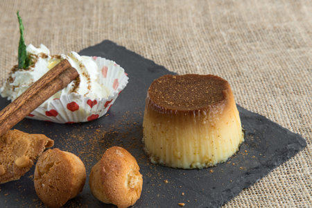 Cinnamon and caramel pudding on fabric bag