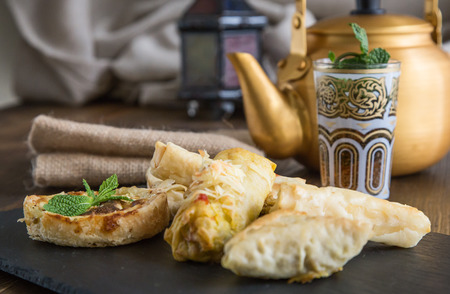 Typical Moroccan and Arabic food on old woodの写真素材