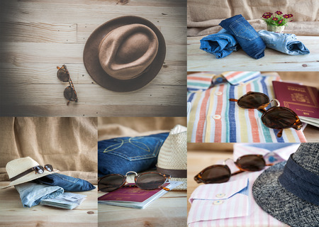 Collage of Set of clothes and various accessories for men on old wooden tableの写真素材