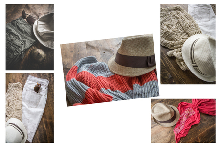Set of clothes and various accessories for women on old wooden tableの写真素材