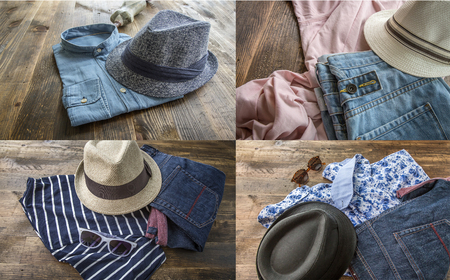 Set of clothes and various accessories for men on old wooden tableの写真素材