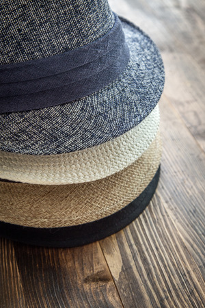 Set of clothes and various accessories for men on old wooden tableの写真素材