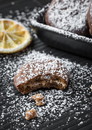 Assorted Cookies on wooden table with cinnamon and lemon orangeの写真素材