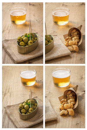 Collage Beer cap pork rinds and olives on old wooden tableの写真素材