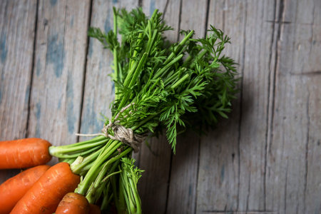 Carrot bunch with tops bound by rope on wooden background. From aboveの写真素材