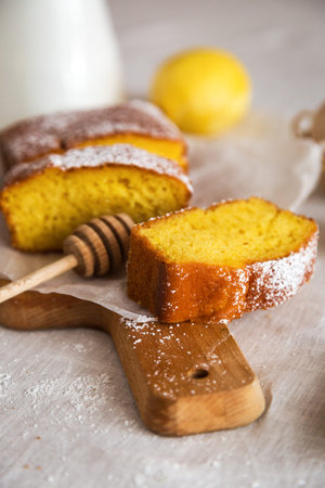 Tasty healthy breakfast on table with eggs, cake and cacao.From above
