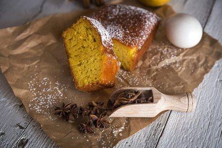 Tasty healthy breakfast on table with eggs, cake and cacao.From aboveの写真素材