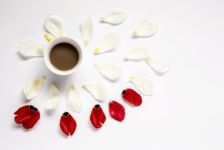 Floral pattern with several colorful flowers on old table and coffeeの写真素材