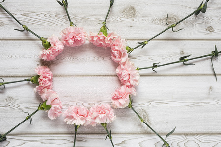 Flowers on white background. Flat lay, top view. Flowers backgroundの写真素材