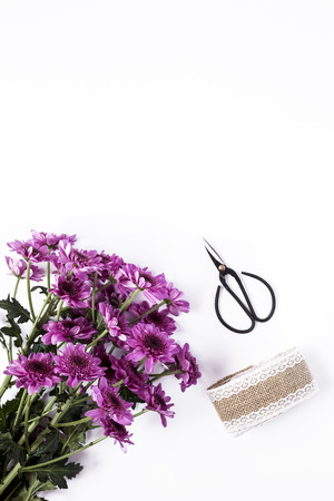 Flowers on white background. Flat lay, top view. Flowers backgroundの写真素材