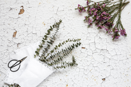 Flowers on white background. Flat lay, top view. Flowers backgroundの写真素材