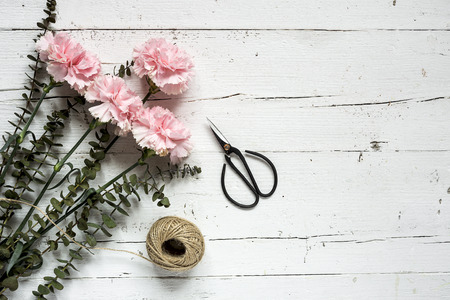 Flowers on white background. Flat lay, top view. Flowers backgroundの写真素材