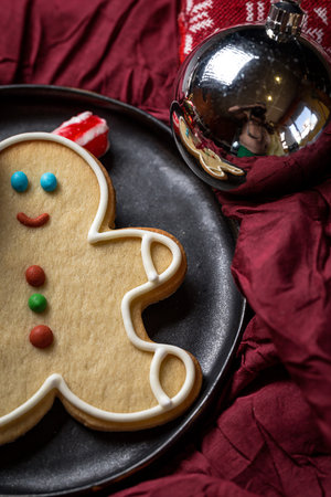 Christmas cookies on wooden table. With Christmas decorations. Copyspace
