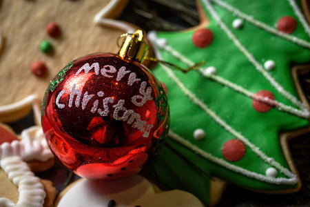 Christmas background with decorations and gift boxes on wooden board. From aboveの写真素材