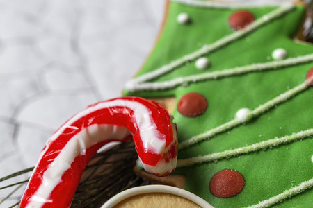 Christmas cookies on wooden table. With Christmas decorations. Copyspaceの写真素材