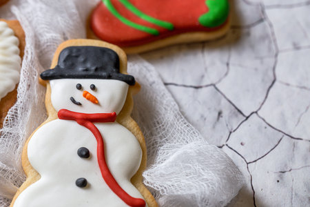 Christmas cookies on wooden table. With Christmas decorations. Copyspaceの写真素材