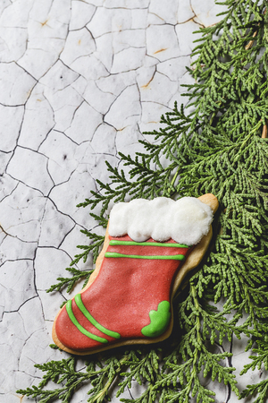 Christmas cookies on wooden table. With Christmas decorations. Copyspaceの写真素材