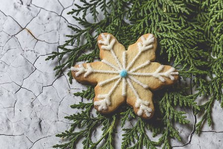 Christmas cookies on wooden table. With Christmas decorations. Copyspaceの写真素材