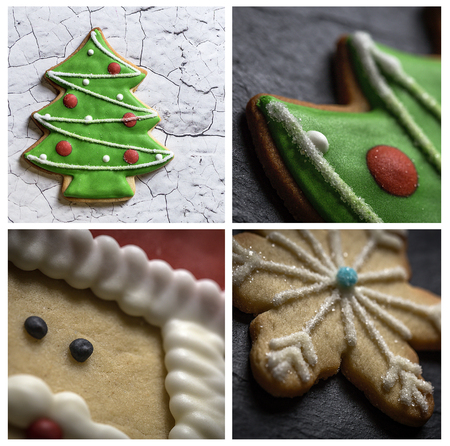 Christmas cookies on wooden table. With Christmas decorations. Copyspace. Collageの写真素材