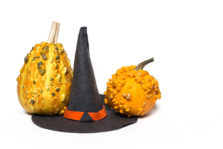 Halloween decoration background on dark wooden table. Spiders; pumpkin; Dark. Isolated: Copyspaceの写真素材