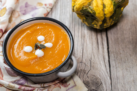 Cream of pumpkin in bowl. Homemade. Healthyの写真素材