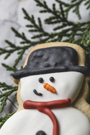 Christmas cookies on wooden table. With Christmas decorations. Copyspaceの写真素材